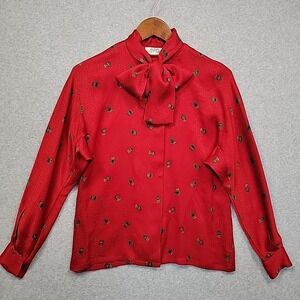 Linda Allard Ellen Tracy 100% Silk Tie Neck Blouse Red Crest Vtg Designer Sz 8P